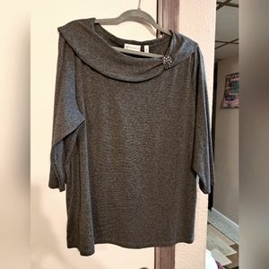 3x dark gray, 3/4 sleeve, wide collar boatneck, asymmetrical, comfy/glam tee